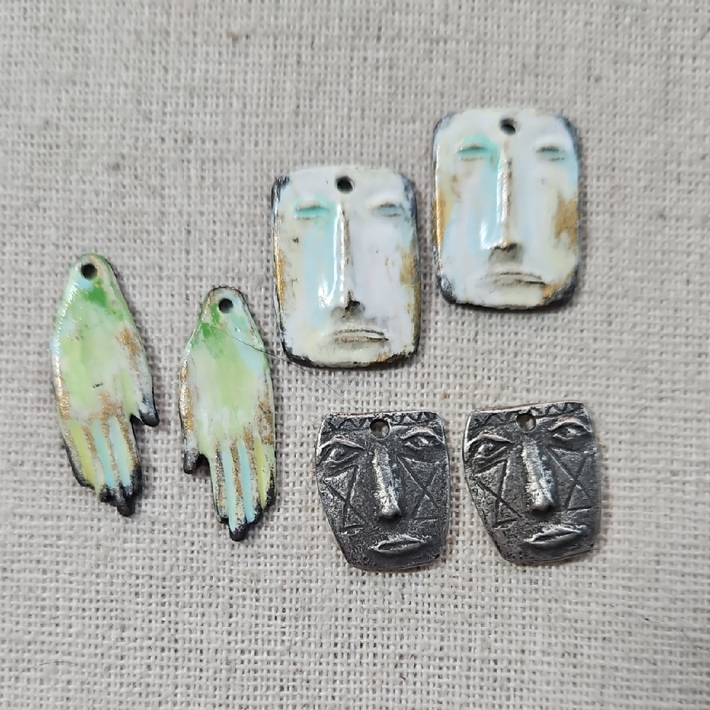 Unique Earring Charms 3 Sets- Hands & 2 Pairs Faces Artisan Made Hand Painted